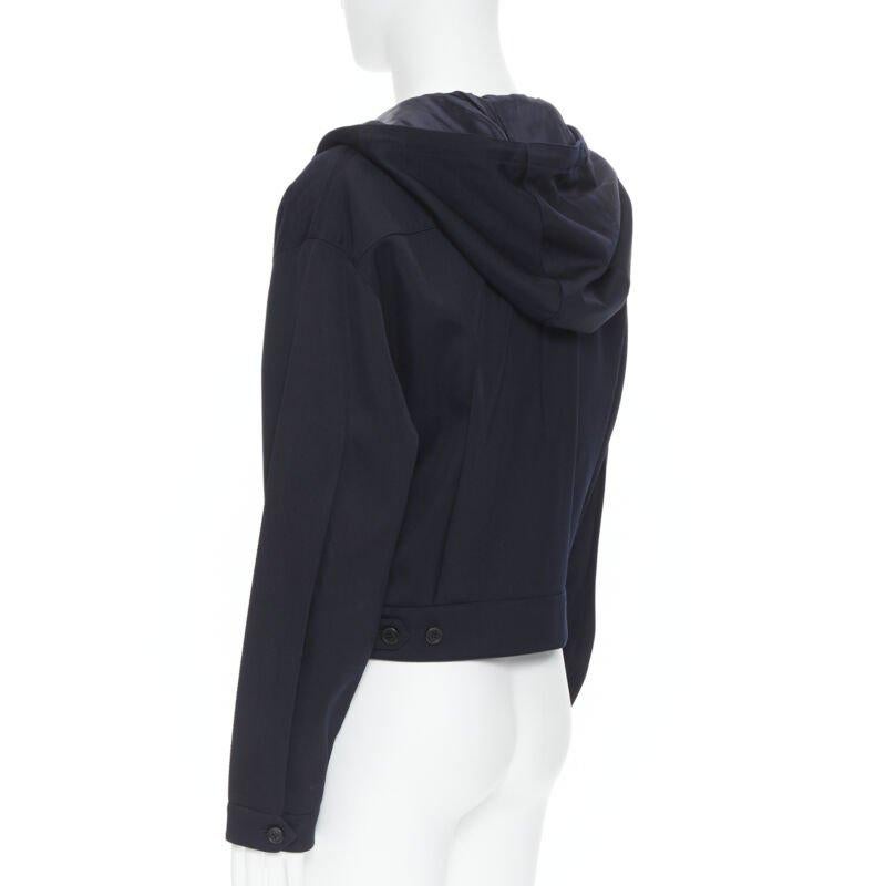 PRADA 2019 navy blue wool triangle pocket cropped zip up hoodie jacket L en vente 2