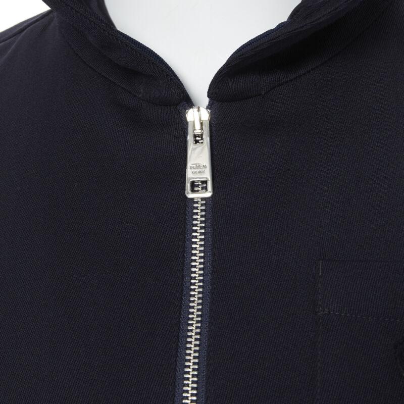 PRADA 2019 navy blue wool triangle pocket cropped zip up hoodie jacket L en vente 3