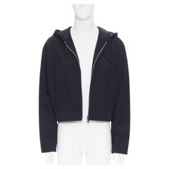 PRADA 2019 azul marino lana bolsillo triángulo cremallera recortada chaqueta con capucha L