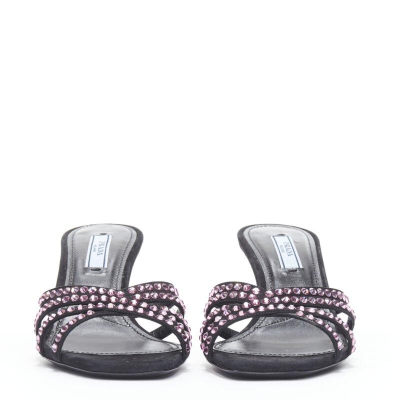 Nero PRADA 2019 rosa cristallo strass strappy open toe tacco medio sandalo EU36 in vendita