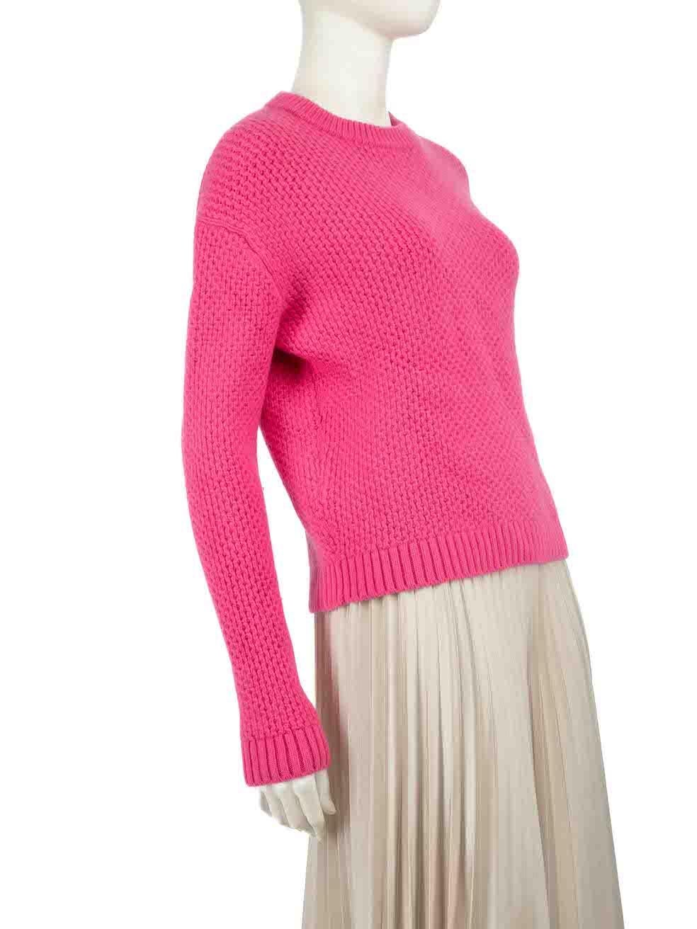 CONDITION is Very good. Hardly any visible wear to jumper is evident on this used Prada designer resale item.
 
 
 
 Details
 
 
 2019
 
 Pink
 
 Wool
 
 Knit jumper
 
 Long sleeves
 
 Round neck
 
 
 
 
 
 Made in Romaina
 
 
 
 Composition
 
 70%