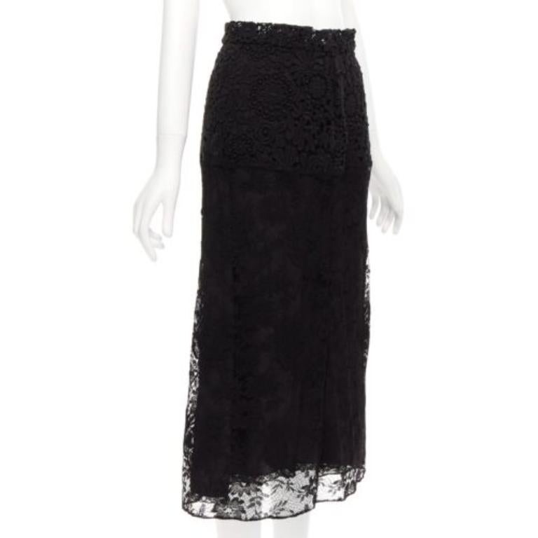 Black PRADA 2019 Runway 100% silk black mixed lace panelled midi skirt IT38 XS