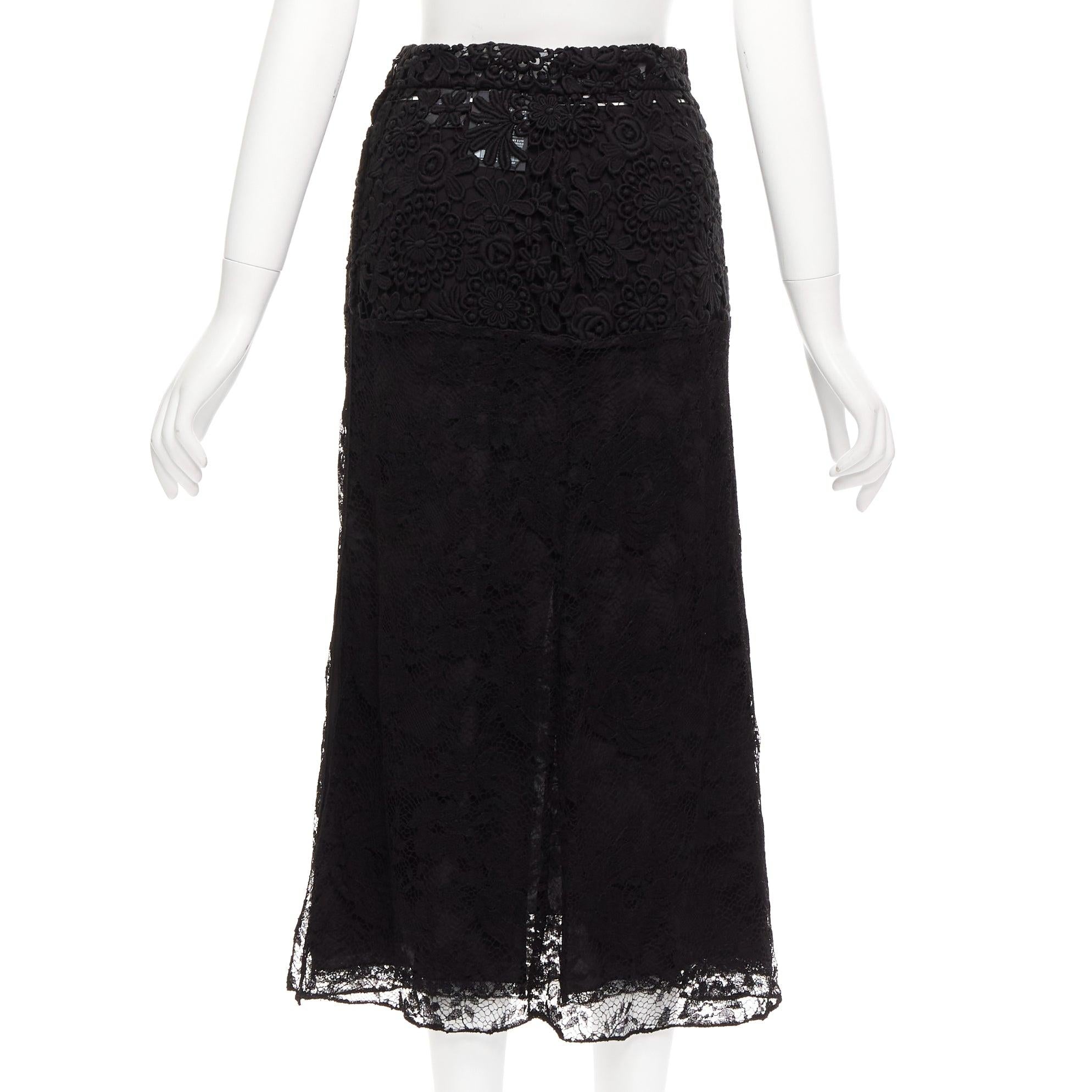 PRADA 2019 Runway 100% silk black mixed lace panelled midi skirt IT38 XS In Excellent Condition For Sale In Hong Kong, NT