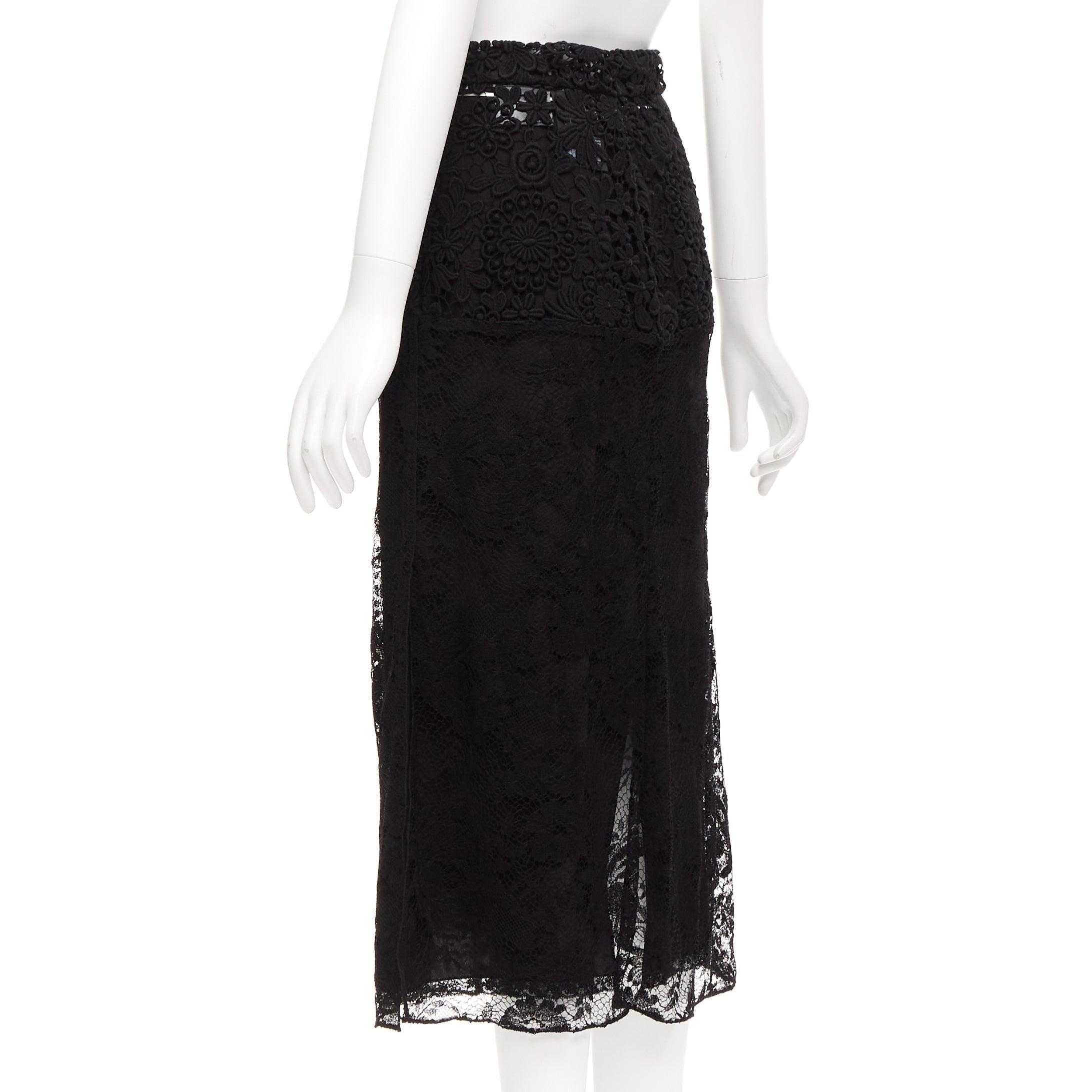 Women's PRADA 2019 Runway 100% silk black mixed lace panelled midi skirt IT38 XS For Sale