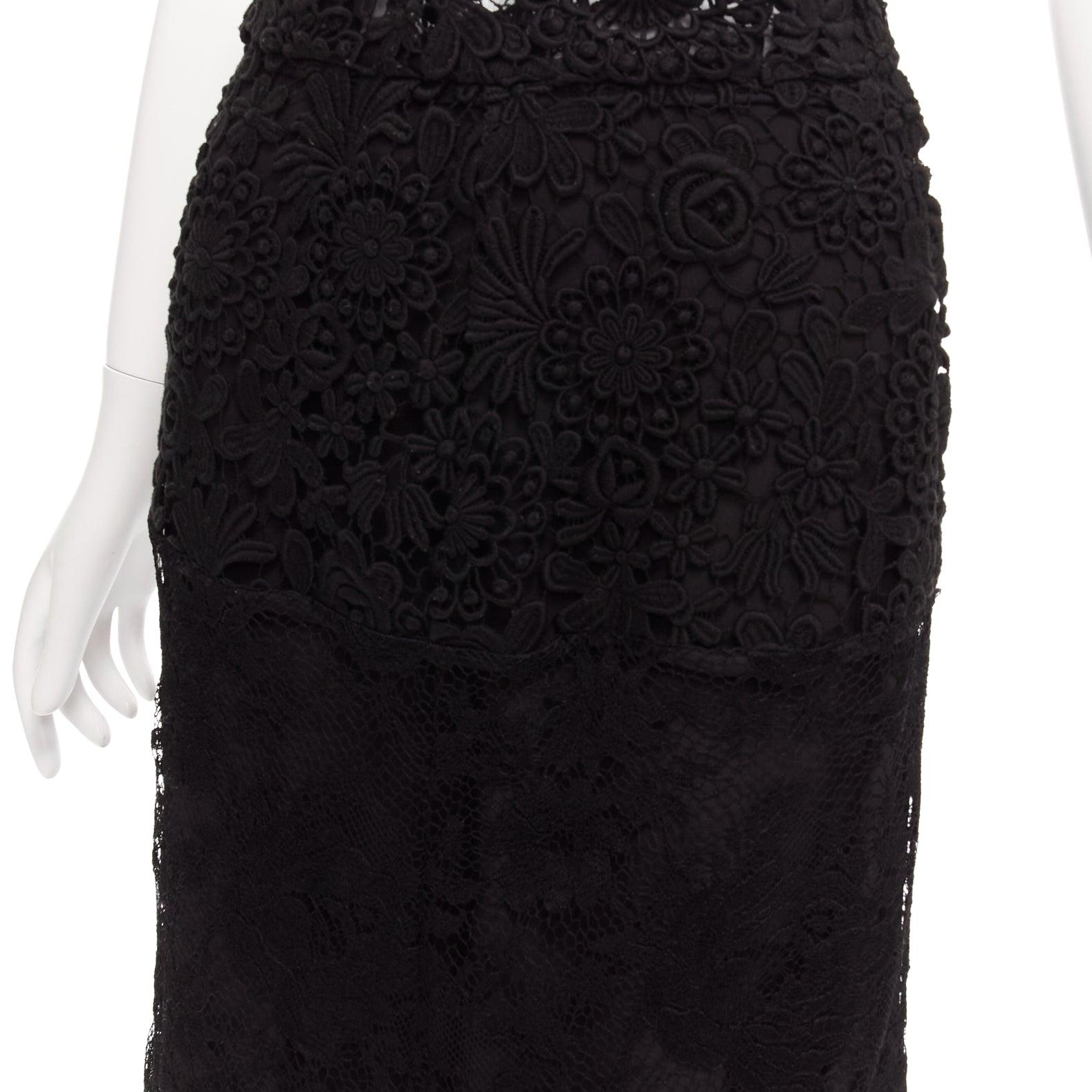PRADA 2019 Runway 100% silk black mixed lace panelled midi skirt IT38 XS For Sale 2