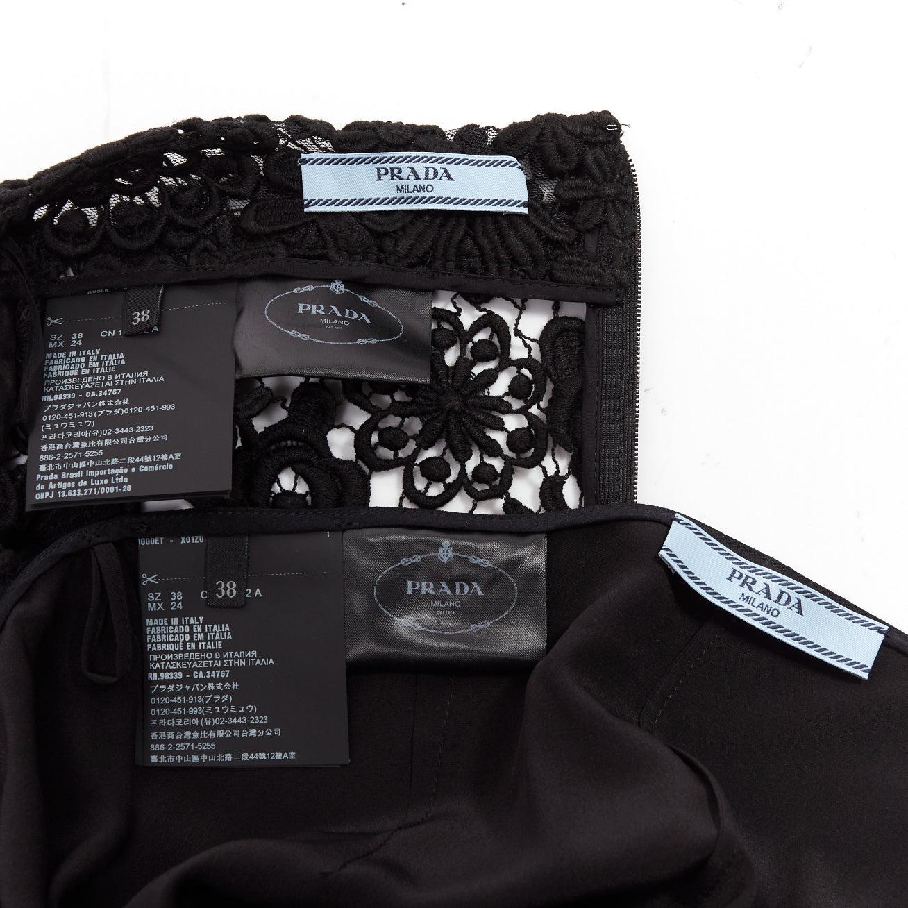 PRADA 2019 Runway 100% silk black mixed lace panelled midi skirt IT38 XS For Sale 3