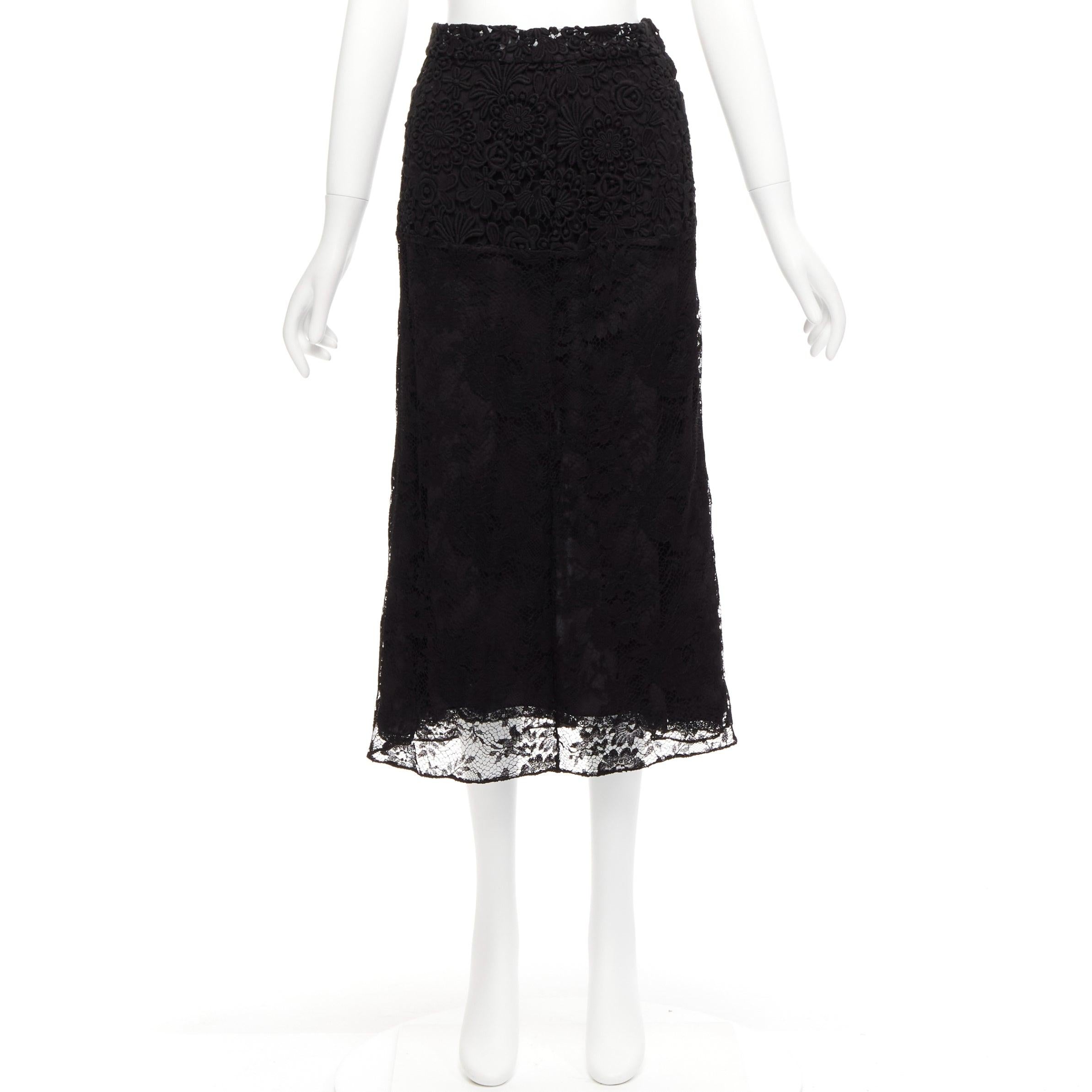 PRADA 2019 Runway 100% silk black mixed lace panelled midi skirt IT38 XS For Sale 4