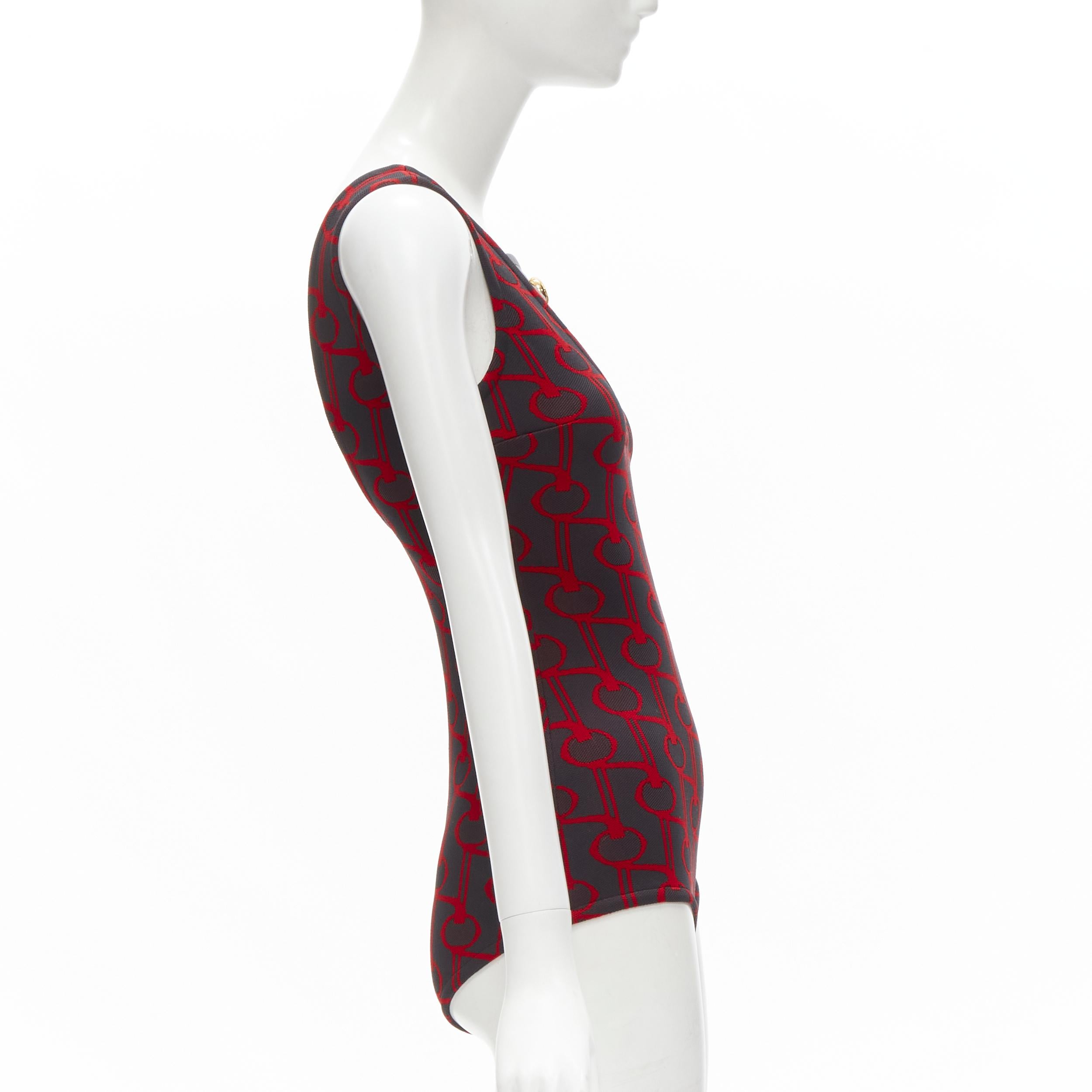 Gray PRADA 2019 Runway black red geometric knit button strap bodysuit top S For Sale