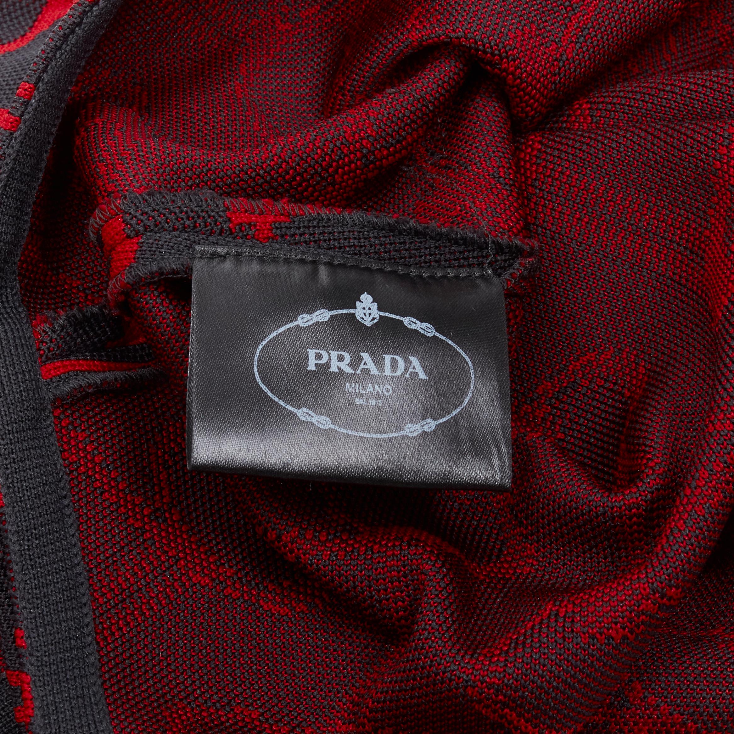 PRADA 2019 Runway black red geometric knit button strap bodysuit top S For Sale 3