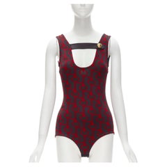 PRADA - Body en maille géométrique rouge et noire à boutons, taille S, défilé 2019