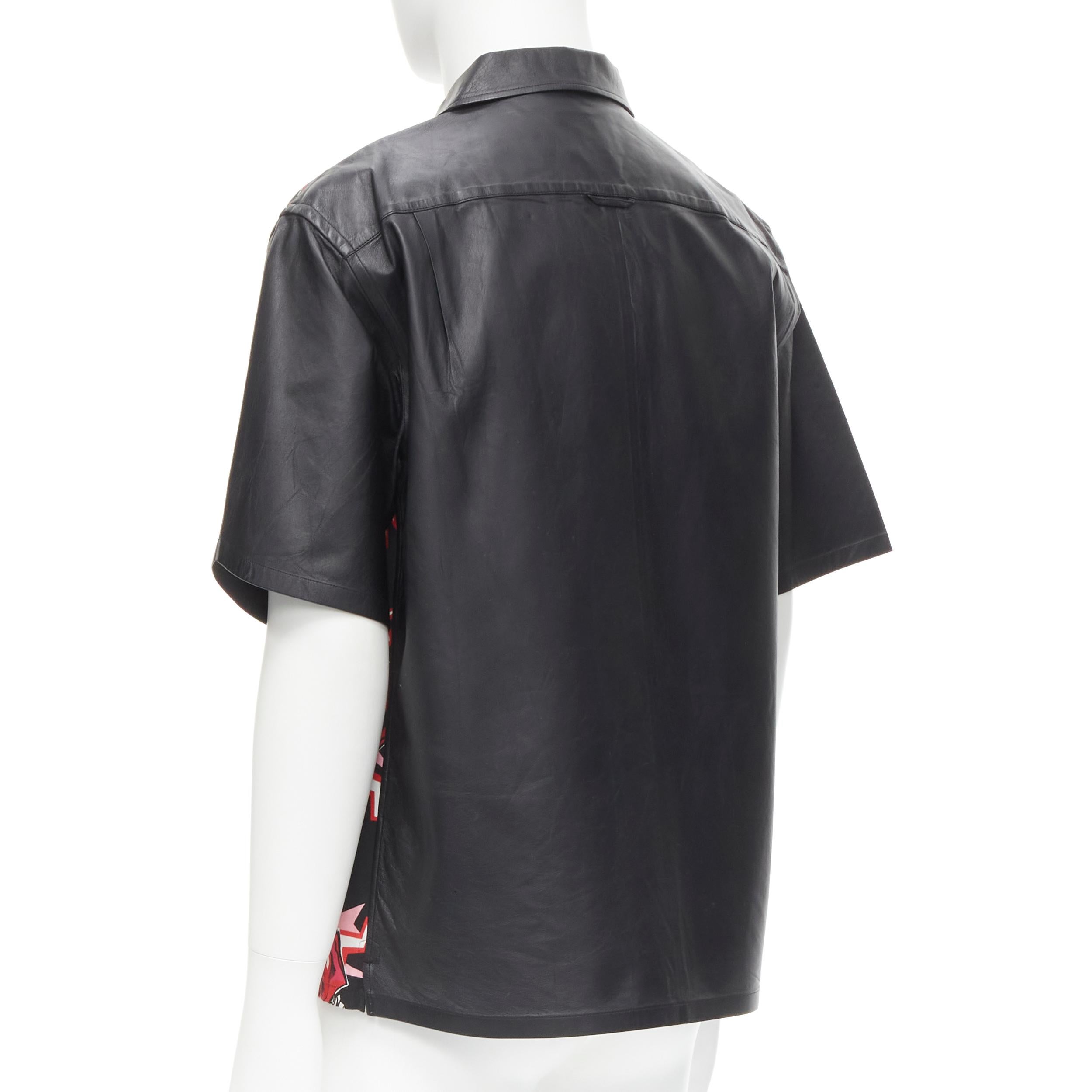 Black PRADA 2019 Runway black red Rose Bolt cotton leather boxy bowling shirt EU48 M For Sale