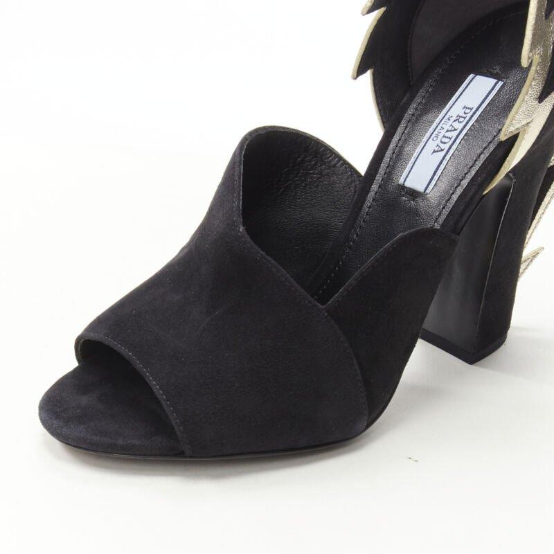 PRADA 2019 Runway Lightning Bolt daim noir métallique or chunky heel EU37 2