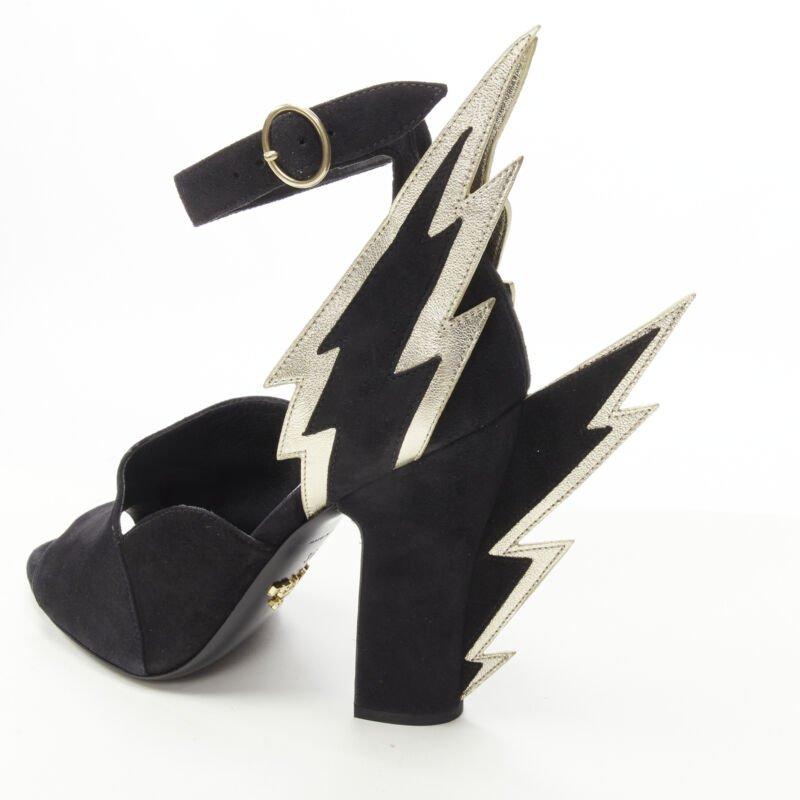 PRADA 2019 Runway Lightning Bolt daim noir métallique or chunky heel EU37 3