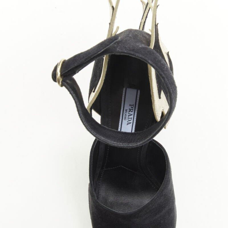 PRADA 2019 Runway Lightning Bolt daim noir métallique or chunky heel EU37 4