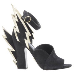 Prada 2019 Runway Lightning Bolt camoscio nero metallizzato oro tacco grosso EU37
