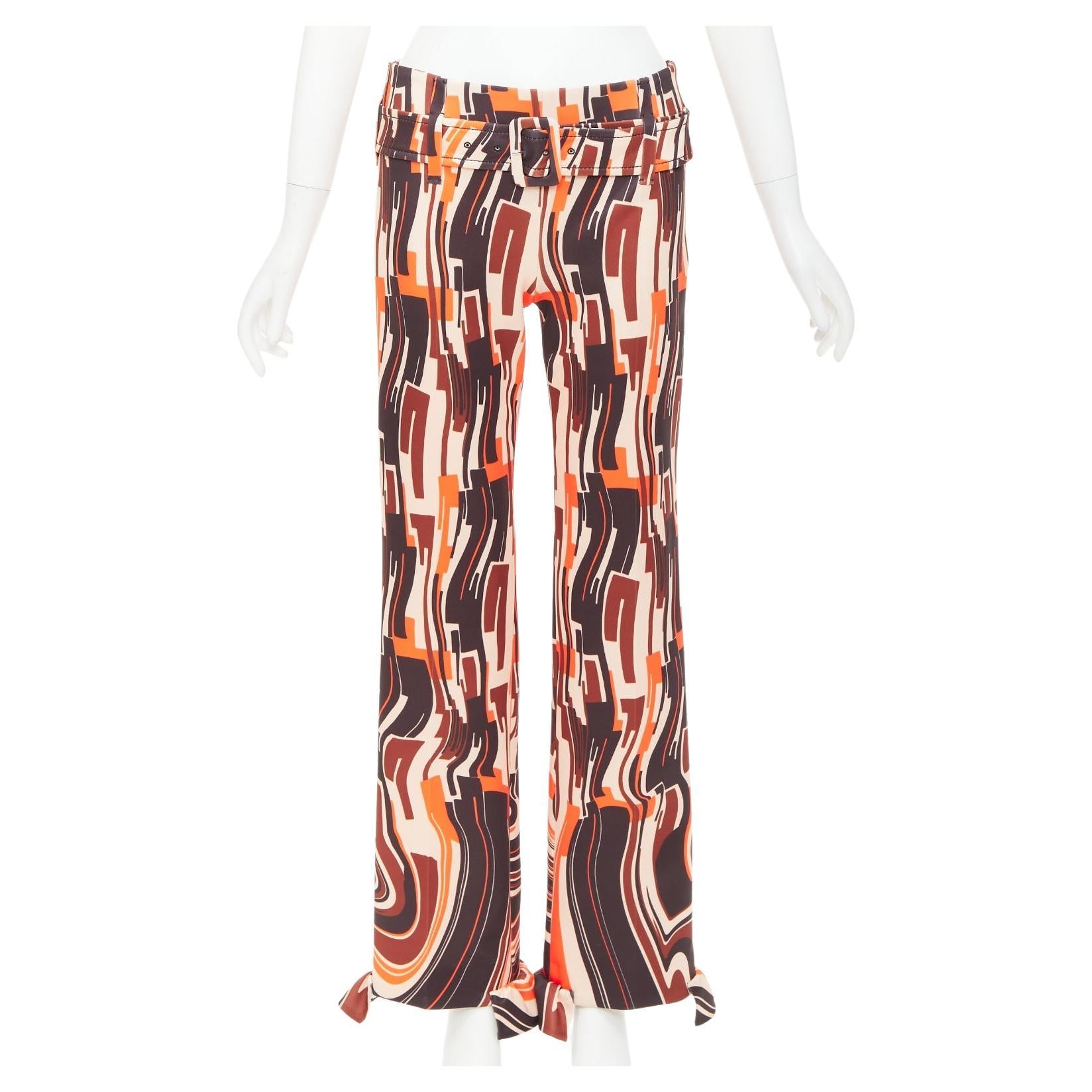 PRADA 2019 Runway orange schwarzer geometrischer Druck gegürtete Hose mit Rüschensaum IT38 XS