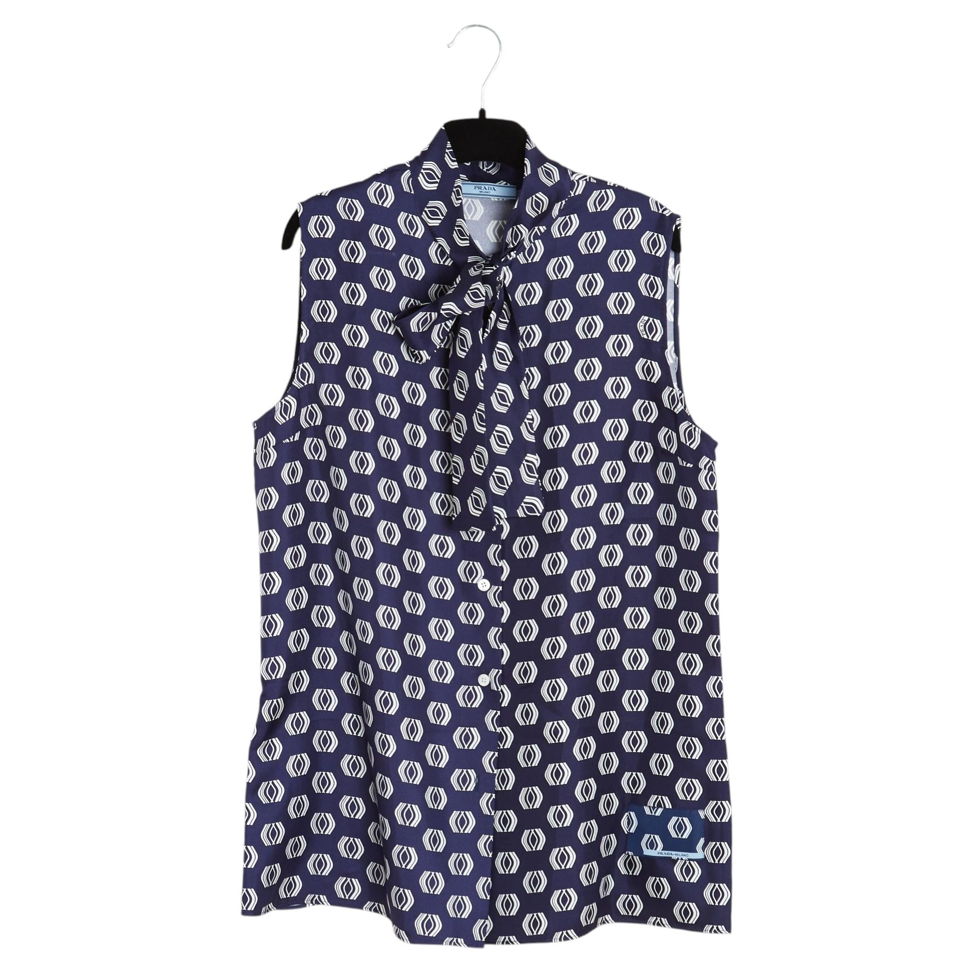 Prada 2019 Top Soie Marine FR40 Silk Twill Ascot Sleeveless Blouse UK12 US10