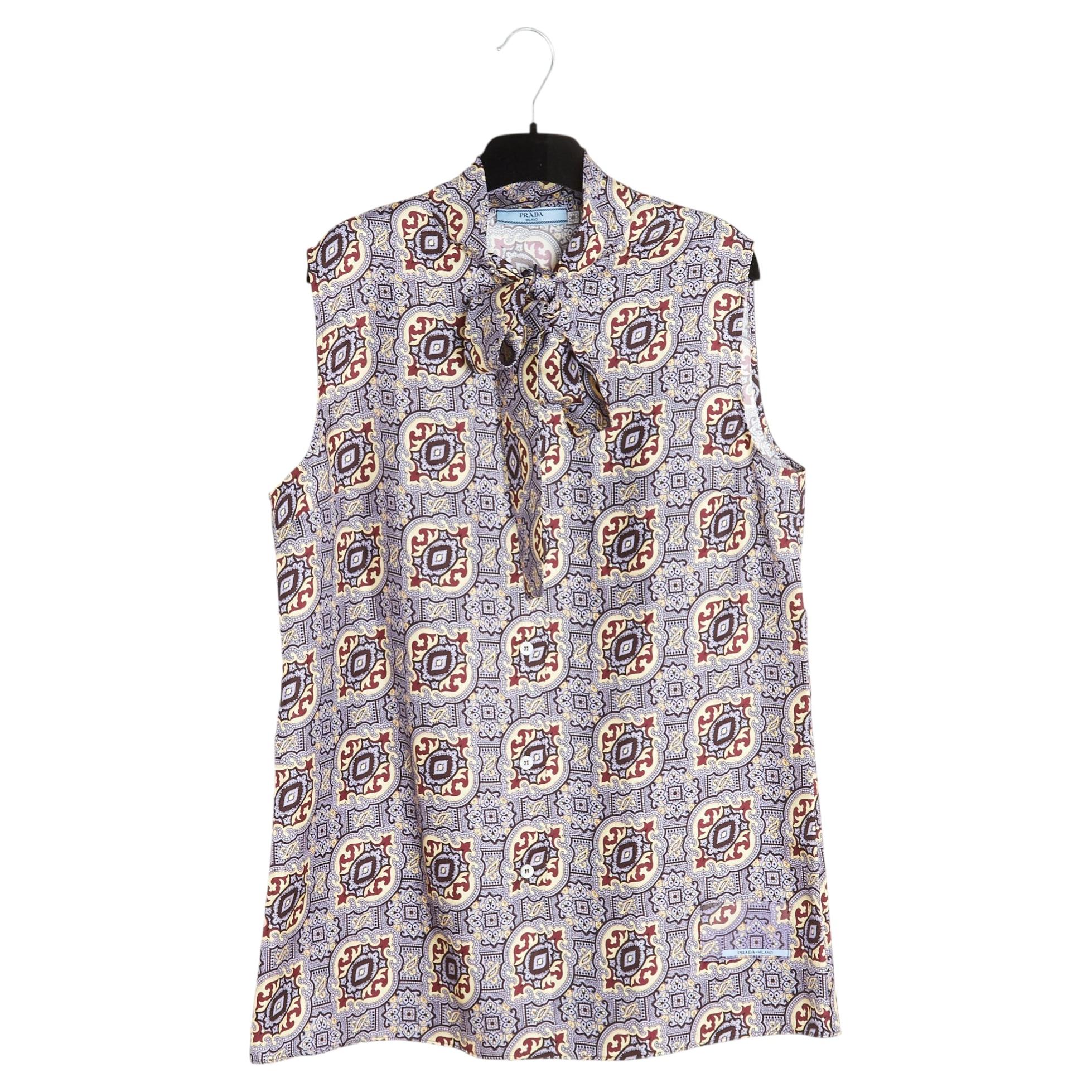 Prada 2019 Top Soie Parme FR40 Silk Twill Ascot Sleeveless Blouse UK12 US10