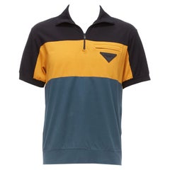 PRADA 2019 yellow green black cotton blend triangle logo half zip tshirt L