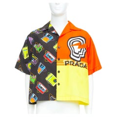 PRADA 2020 Double Match orange cassette print cotton short sleeve bowling shirt
