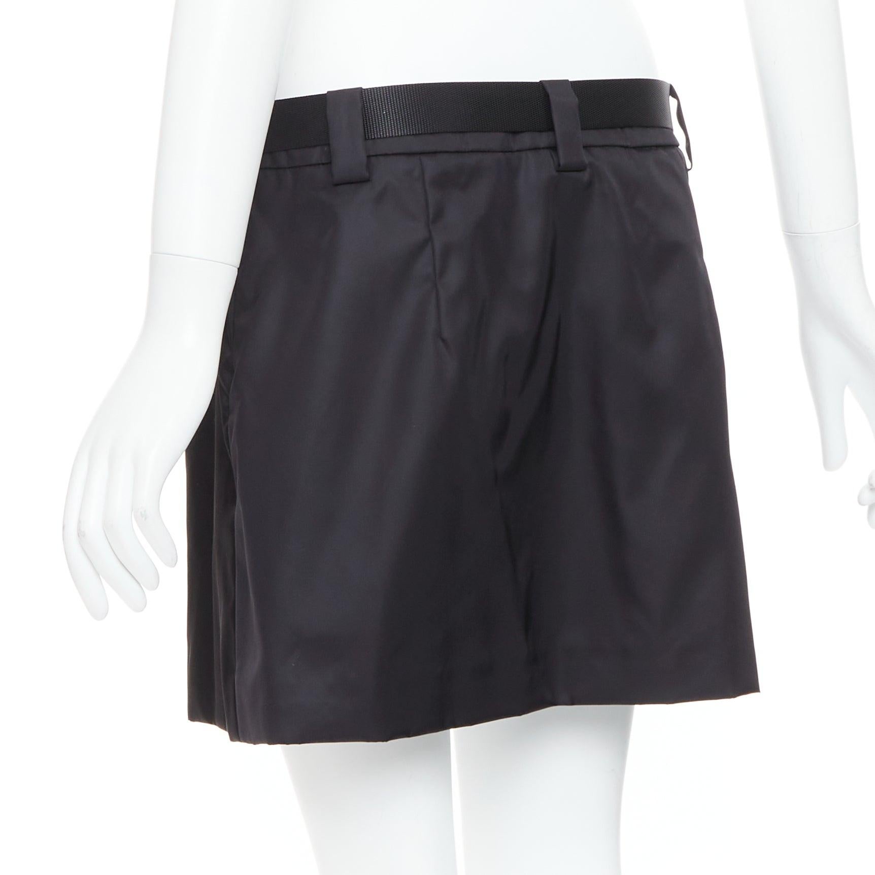PRADA 2020 Re-nylon black silver triangle logo buckle belt mini skirt IT44 L For Sale 1