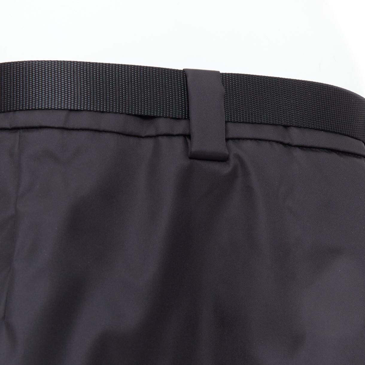 PRADA 2020 Re-nylon black silver triangle logo buckle belt mini skirt IT44 L For Sale 2