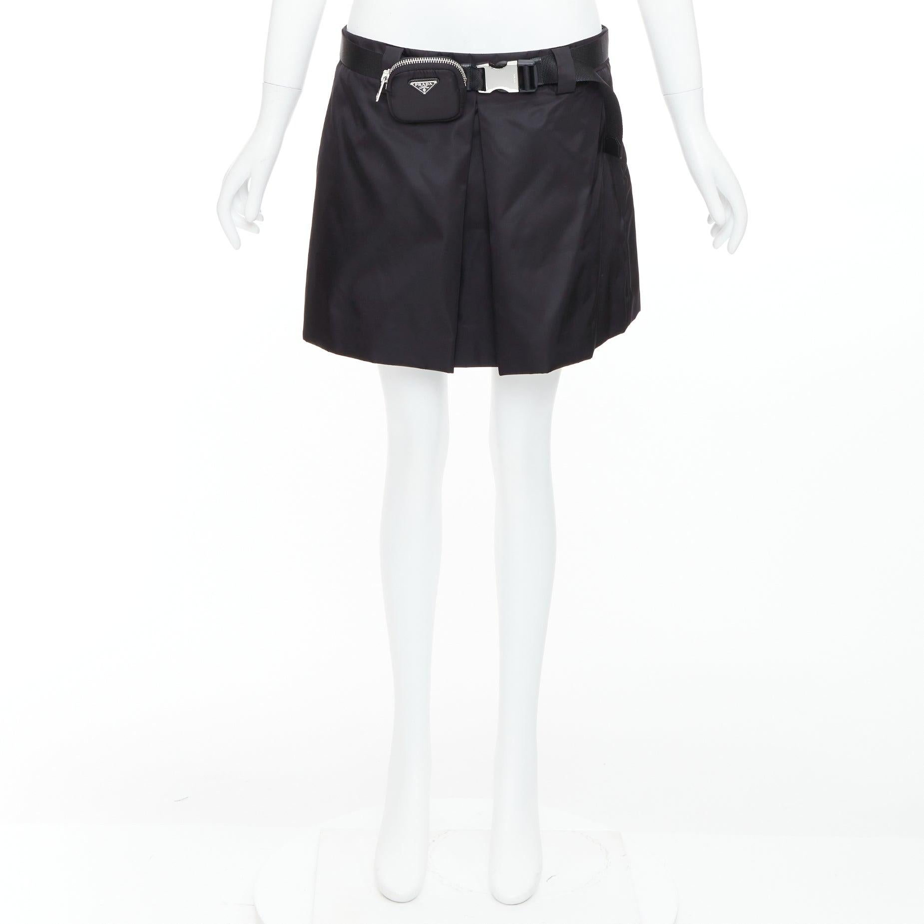 PRADA 2020 Re-nylon black silver triangle logo buckle belt mini skirt IT44 L For Sale 4