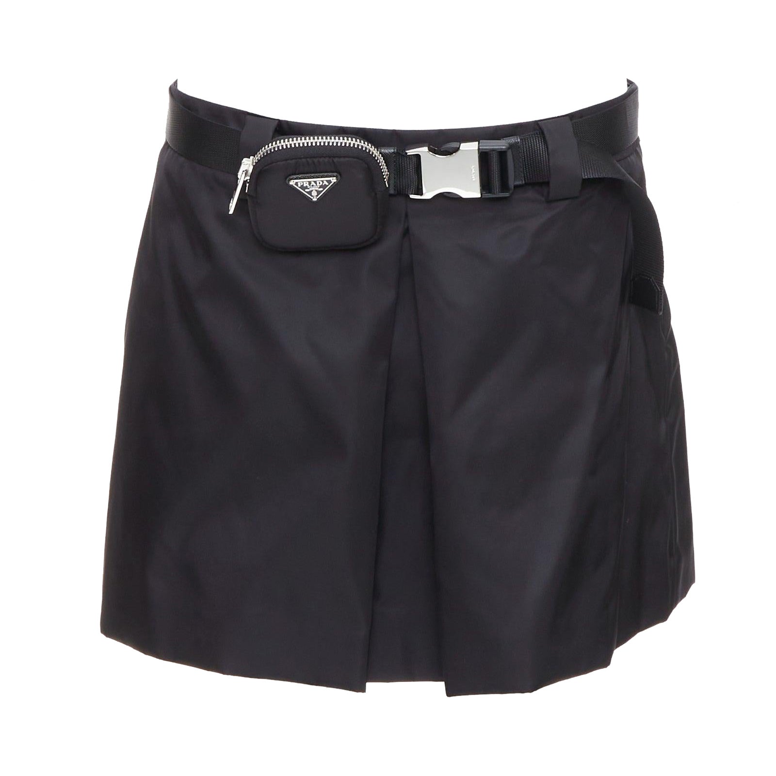 PRADA 2020 Re-nylon noir argent triangle logo ceinture mini jupe IT44 L