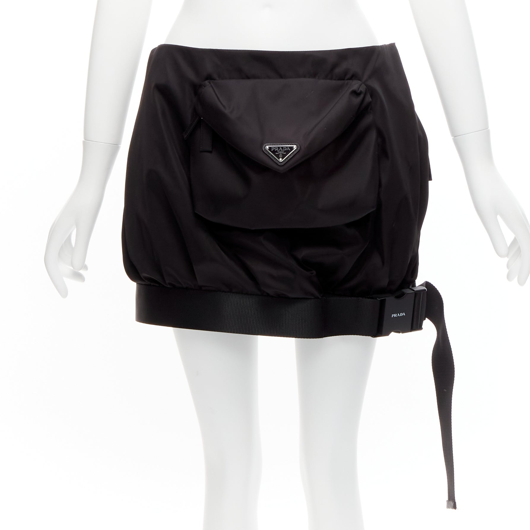 Pre-owned Miuccia Prada Prada 2020 Re Nylon Black Triangle Logo Front Pocket Buckle Bubble Skirt It38 Xs