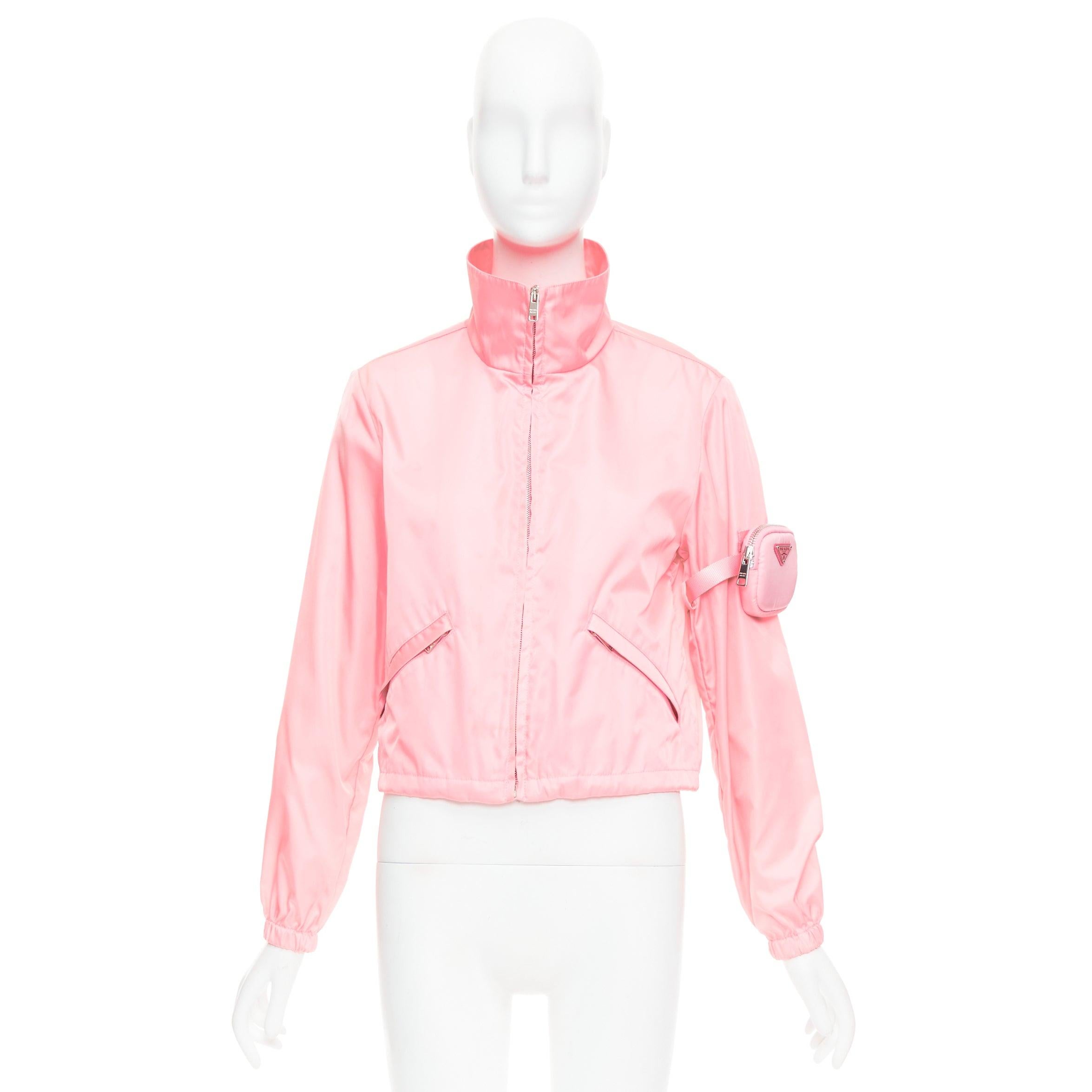 PRADA 2020 Re-Nylon pink nylon logo triangle pouch crop anorak IT38 XS For Sale 5
