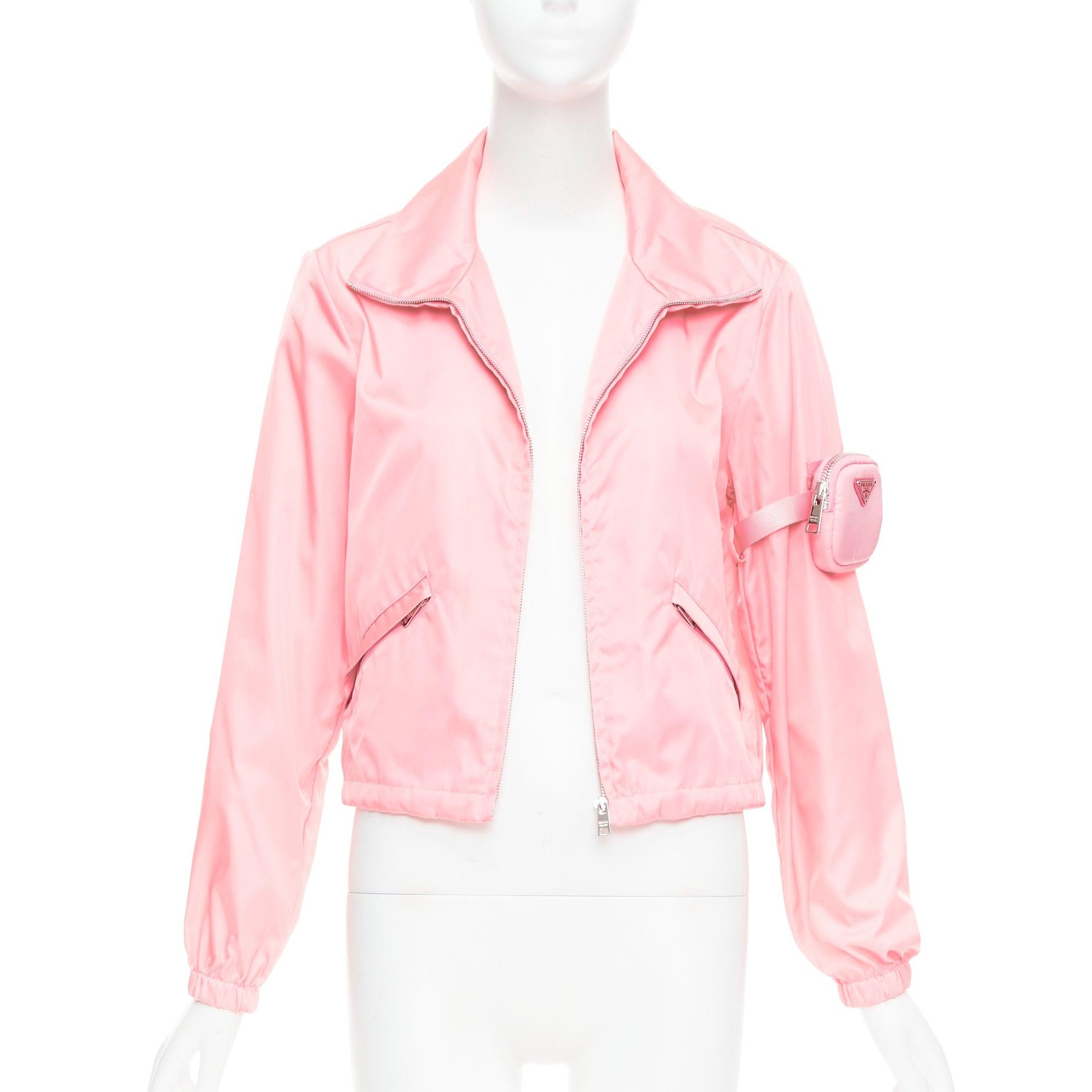 Pink PRADA 2020 Re-Nylon pink nylon logo triangle pouch crop anorak IT38 XS For Sale