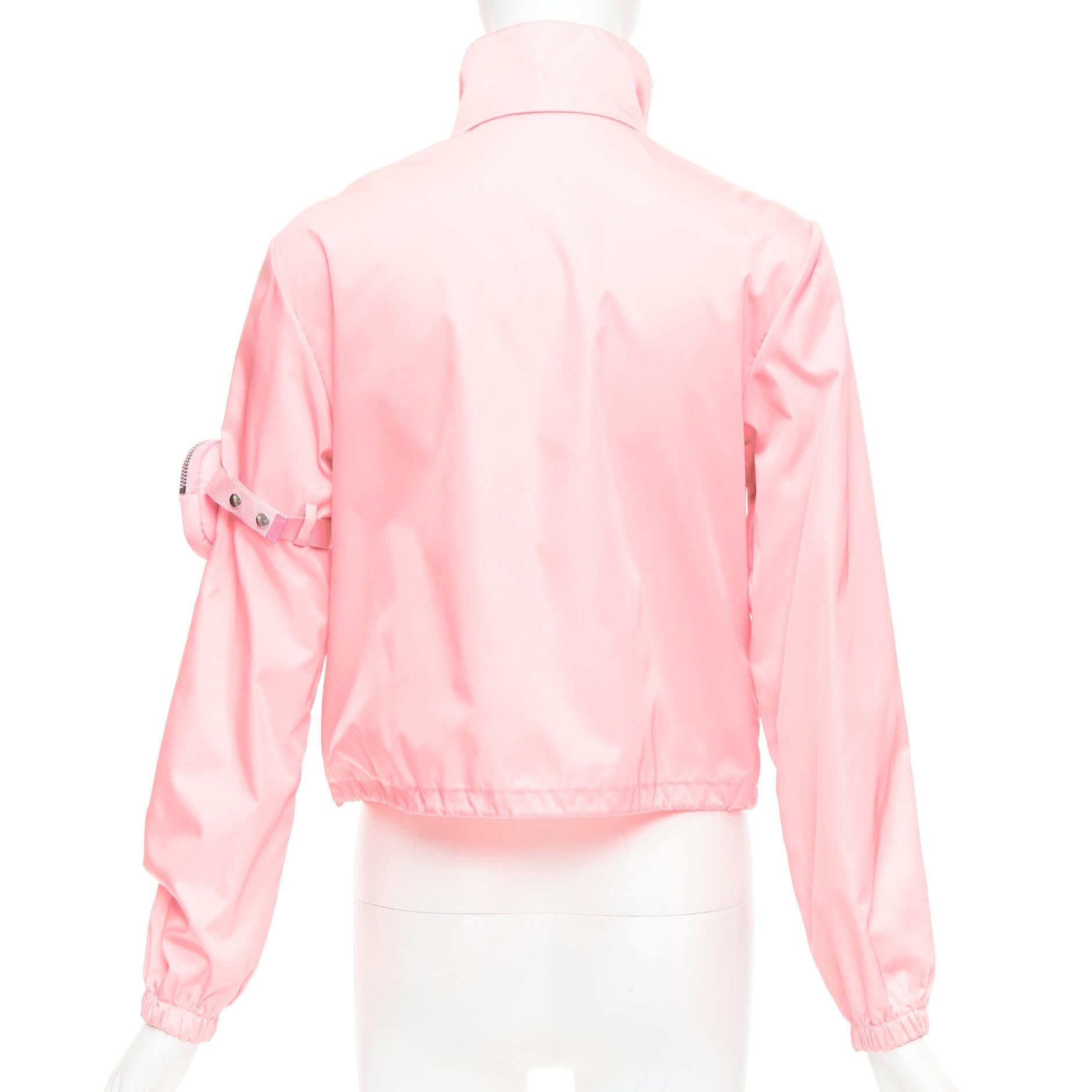 PRADA 2020 Re-Nylon pink nylon logo triangle pouch crop anorak IT38 XS For Sale 1