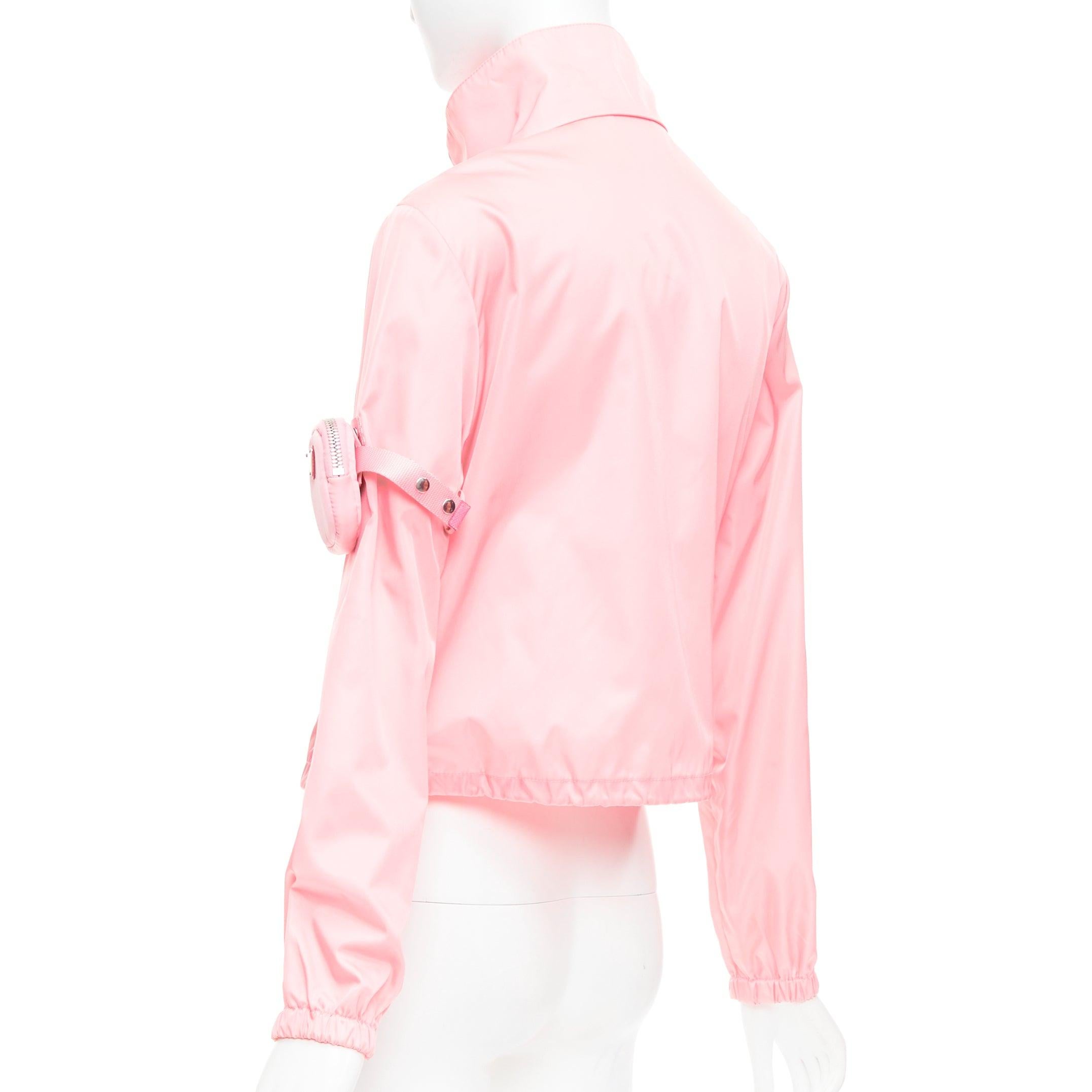 PRADA 2020 Re-Nylon pink nylon logo triangle pouch crop anorak IT38 XS For Sale 2
