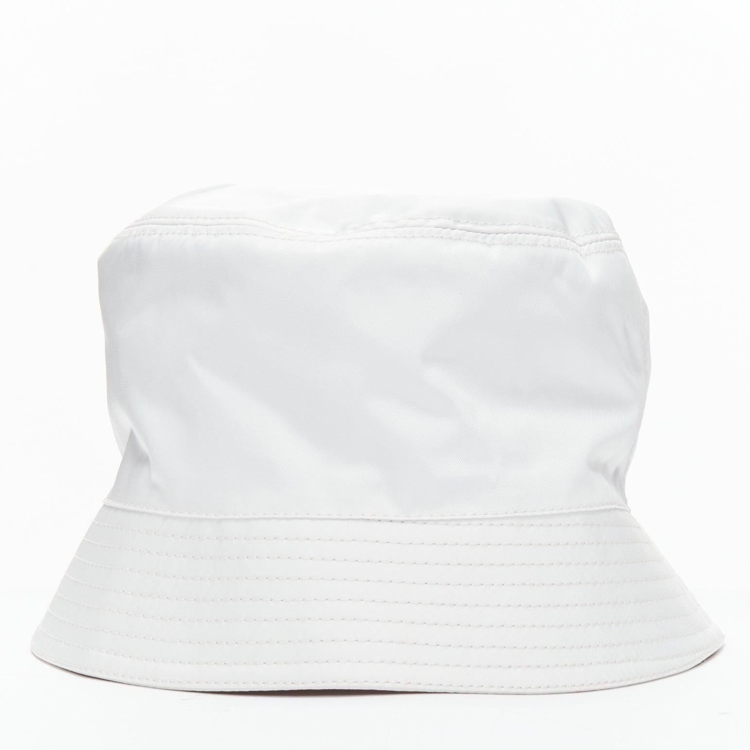 Gray PRADA 2020 Re Nylon Symbole white enamel triangle logo bucket hat M For Sale