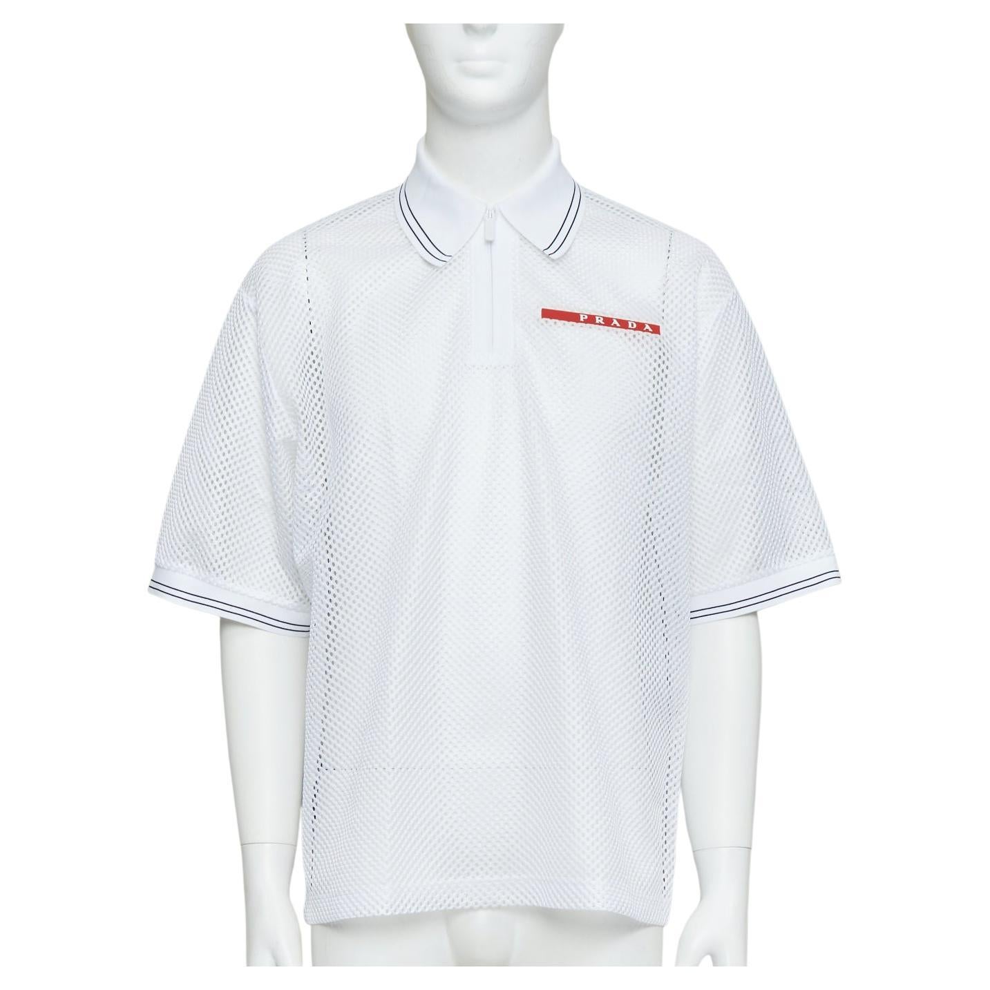 PRADA 2020 blanco malla deportiva rojo logotipo media cremallera boxy polo L en venta