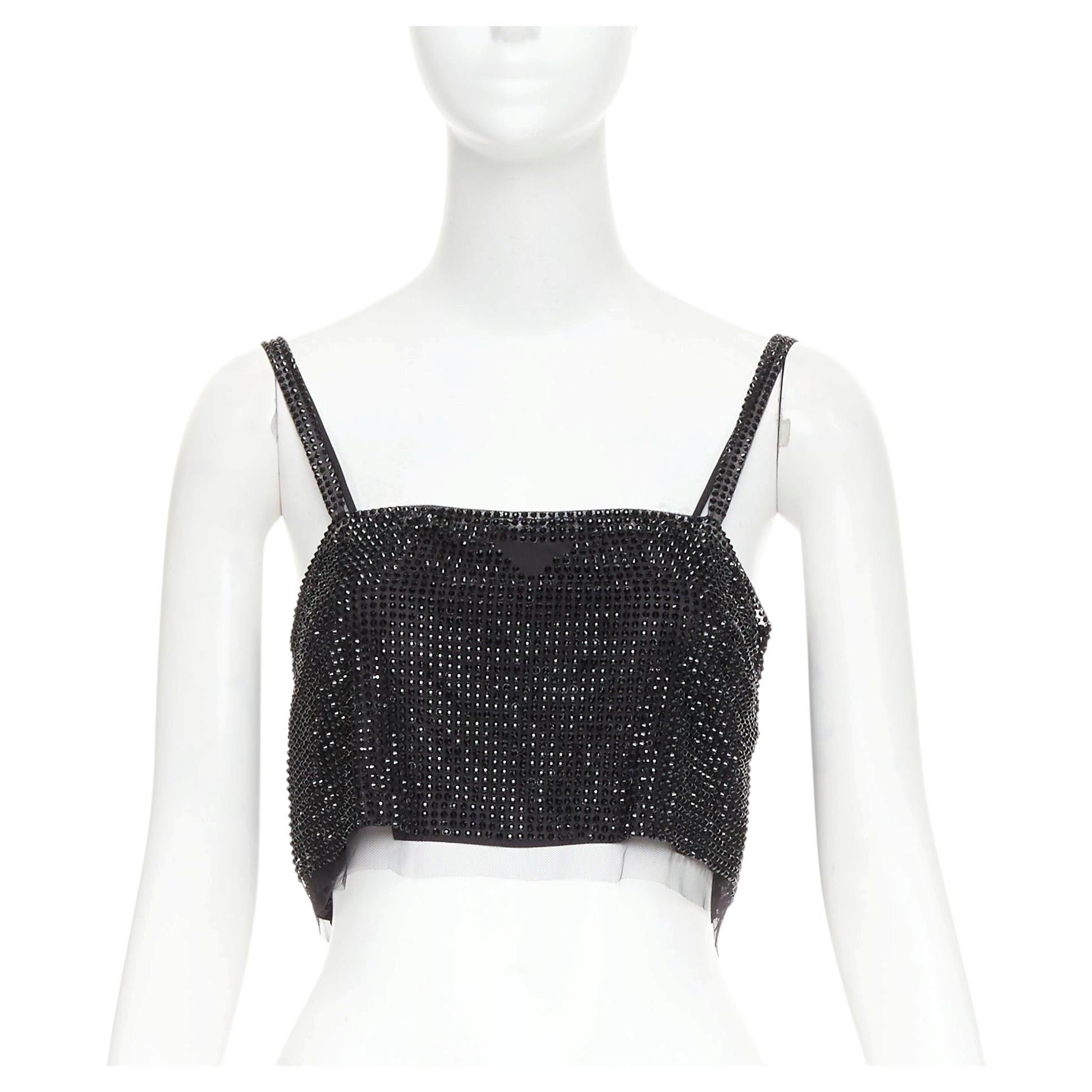 PRADA 2021 black crystal rhinestone mesh space spaghetti strap crop top IT38 XS