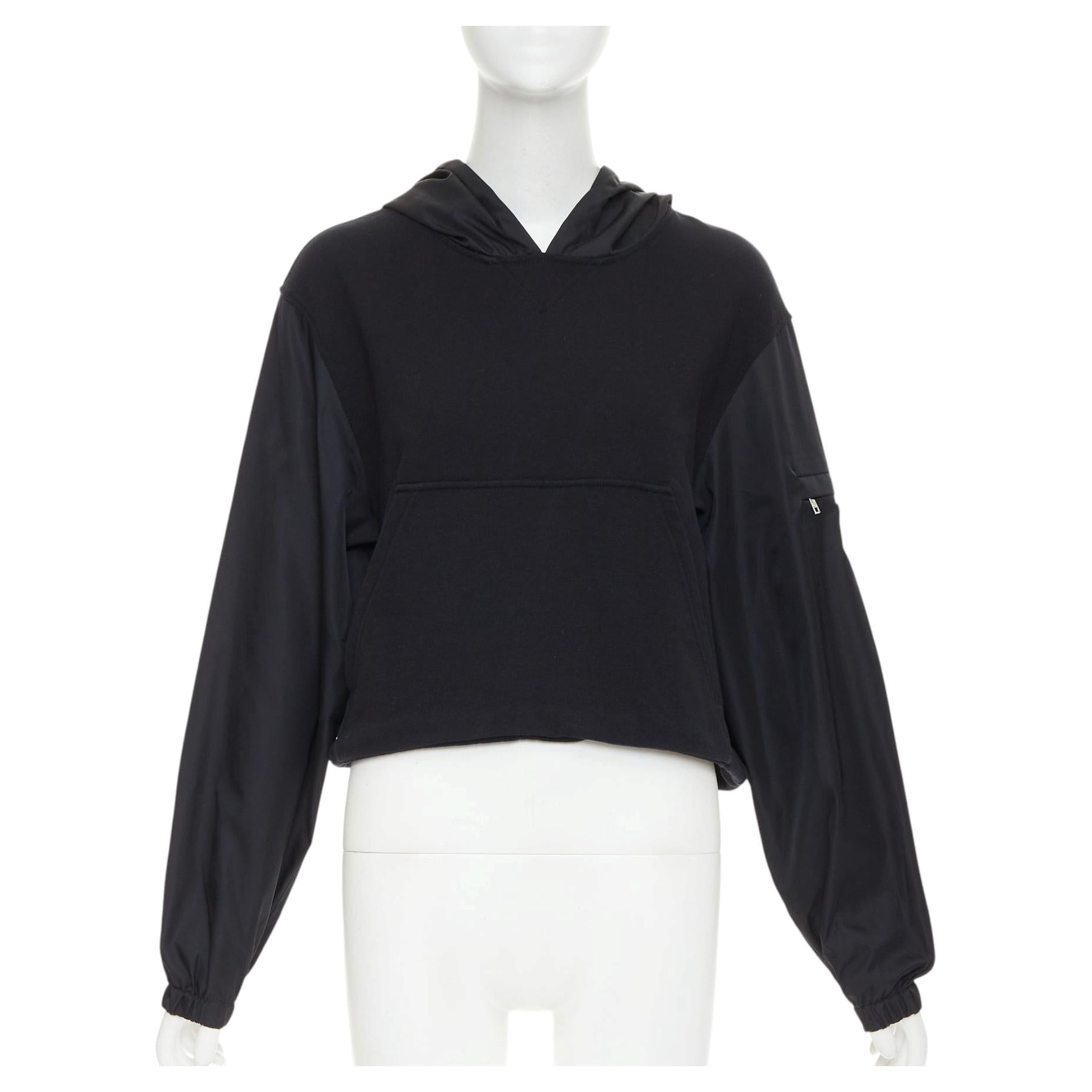 PRADA 2021 black Re-Nylon sleeve triangle logo cotton cropped hoodie M