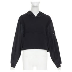 PRADA 2021 black Re-Nylon sleeve triangle logo cotton cropped hoodie M