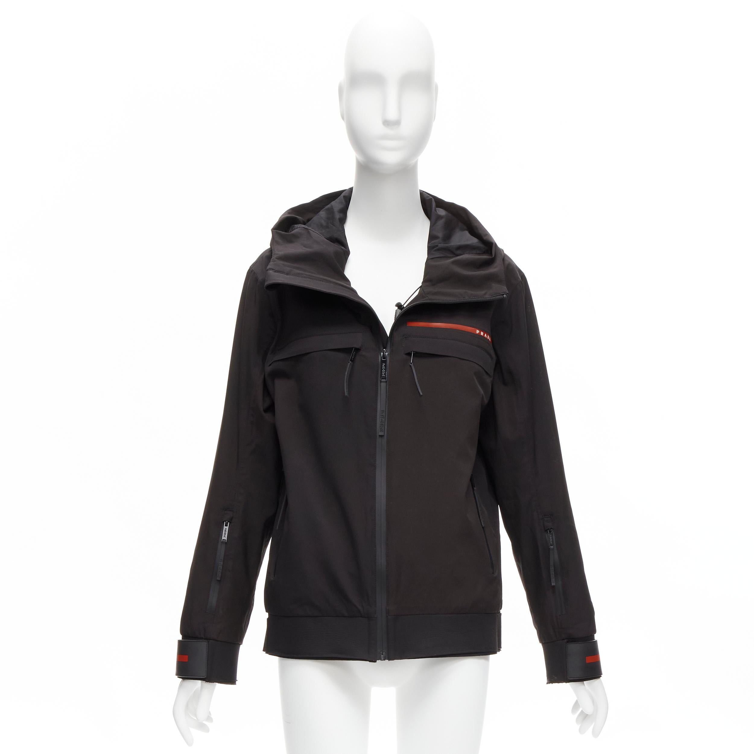 PRADA 2021 Linea Rossa black nylon red logo technical ski jacket M For Sale 4