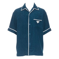 PRADA 2021 camicia da bowling con logo in spugna blu navy M.