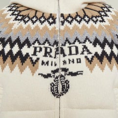 PRADA 2021 On Ice Jacquard Intarsia Logo ivory wool blend puffer jacket IT42 M