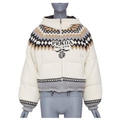 PRADA 2021 On Ice Jacquard Intarsia Logo ivory wool blend puffer jacket IT42 M