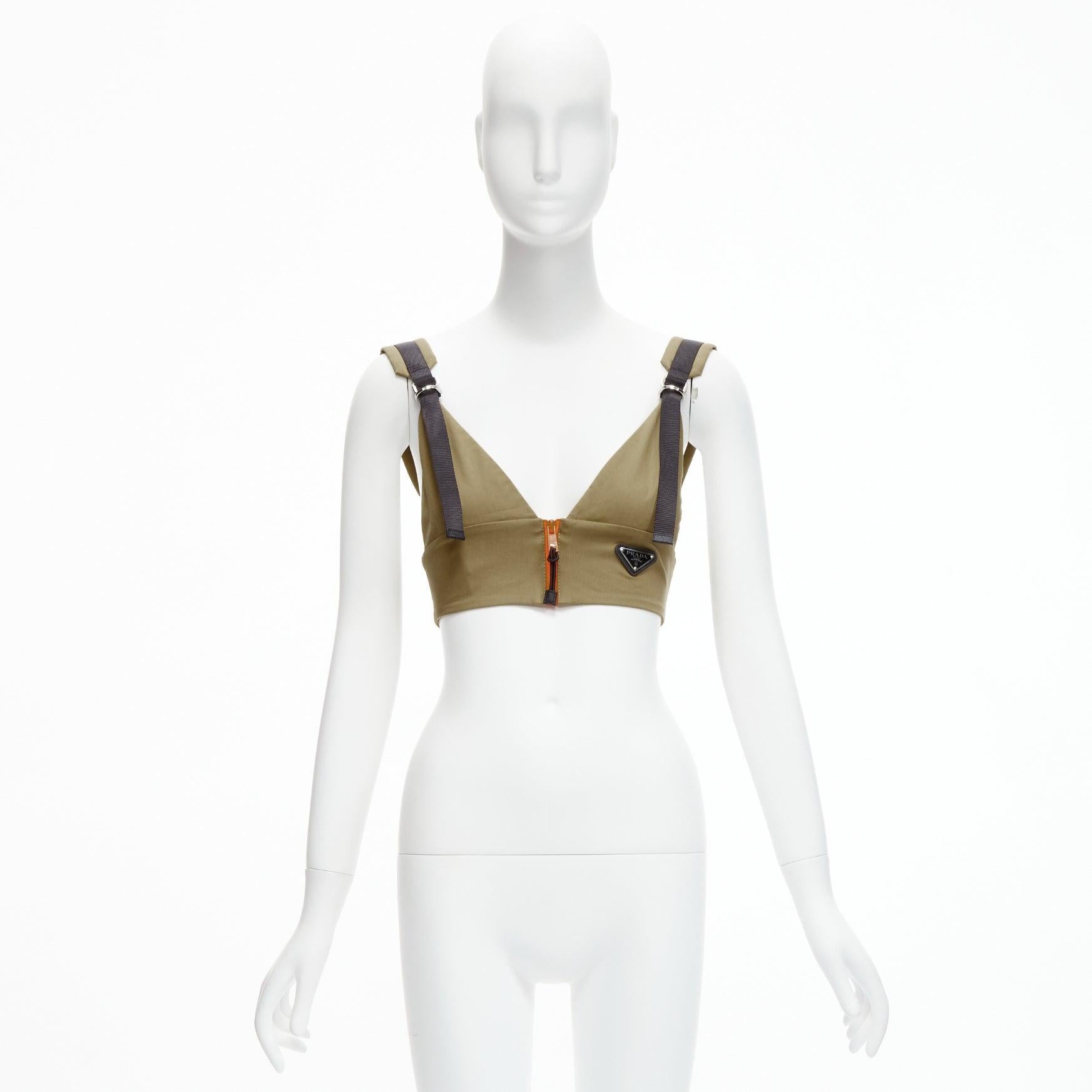 PRADA 2021 orange zip khaki green technical strap bra top IT40 S For Sale 4