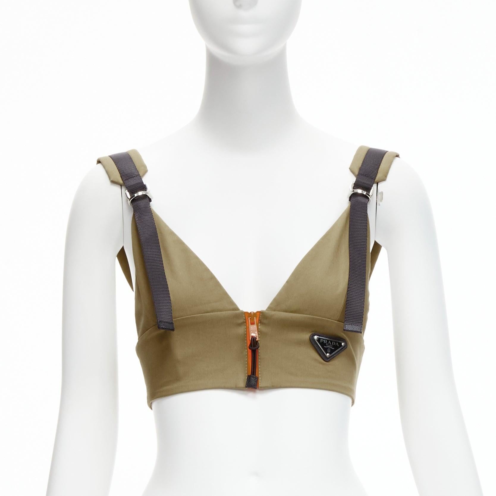 PRADA 2021 orange zip khaki green technical strap bra top IT40 S For Sale