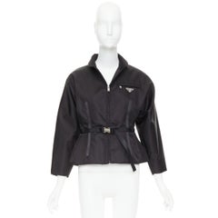 PRADA 2021 Re-Nylon black silver triangle logo waist belted jacket IT42 M