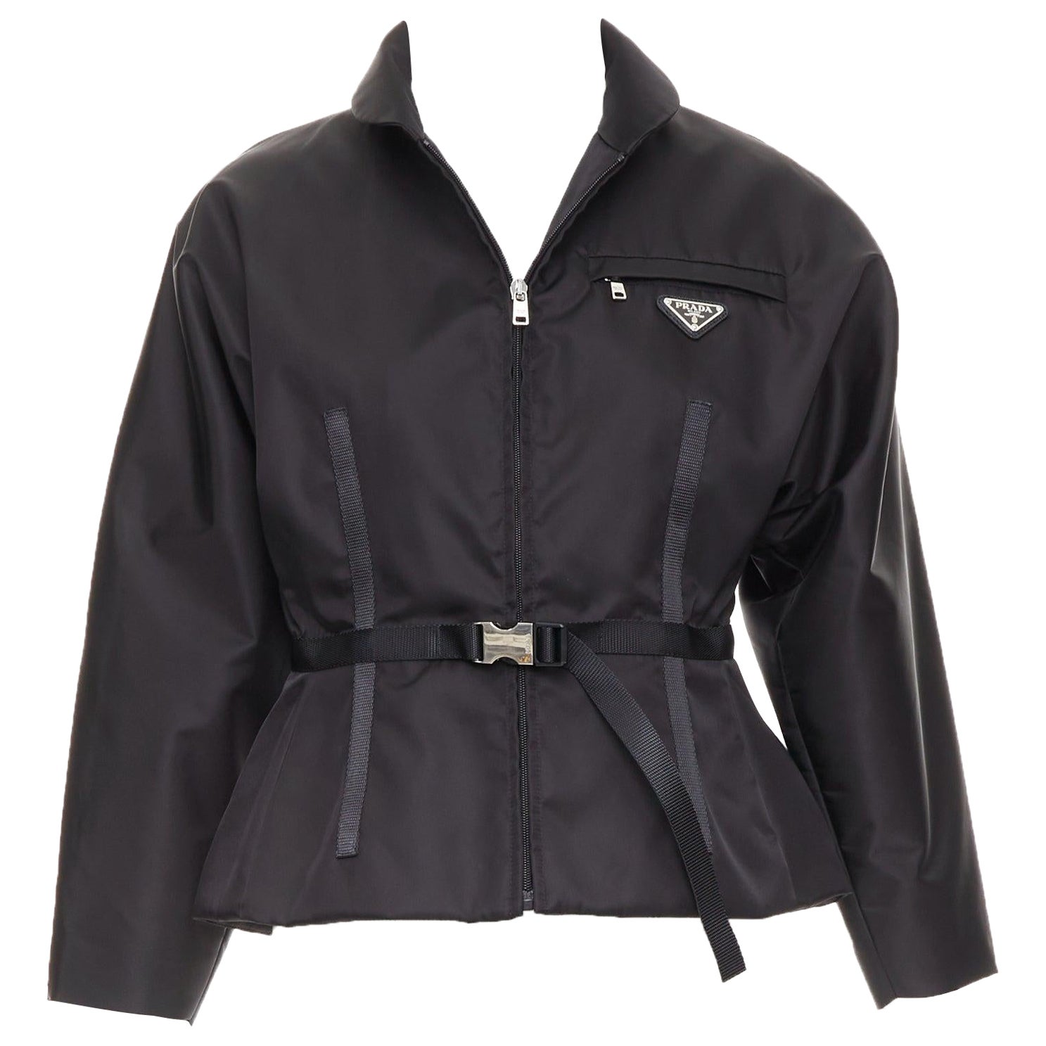 PRADA 2021 Re-Nylon black silver triangle logo waist belted jacket IT42 M