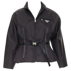 PRADA 2021 Re-Nylon black silver triangle logo waist belted jacket IT42 M