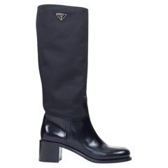 PRADA 2021 Re-Nylon brushed leather triangle logo block heel knee boots EU41
