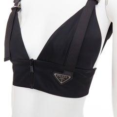 PRADA 2021 Re-Nylon Gabardine silver logo buckle strap bralette crop top IT38 XS