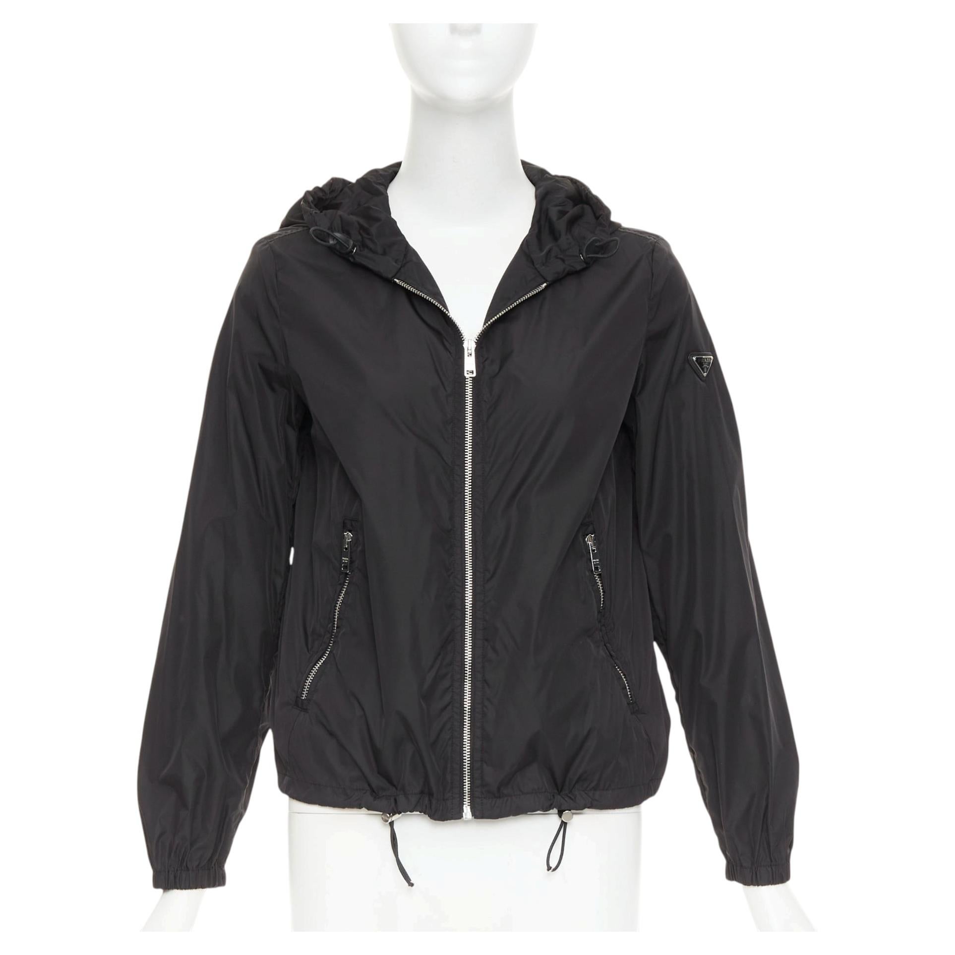 Pre-owned Miuccia Prada Prada 2021 Re Nylon Silver Triangle Logo Plague Zip Up Hooded Windbreaker It38 In Black